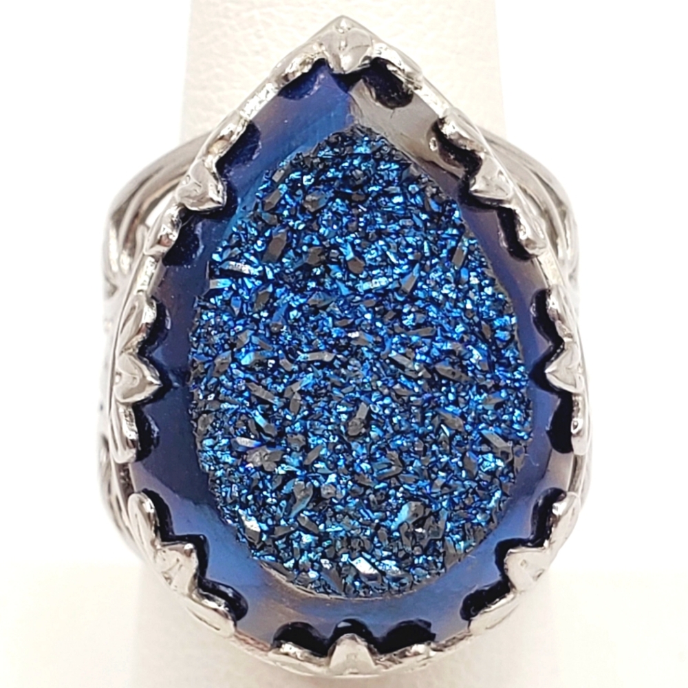 Pear Shaped Blue Druzy Scroll Design Statement Ring